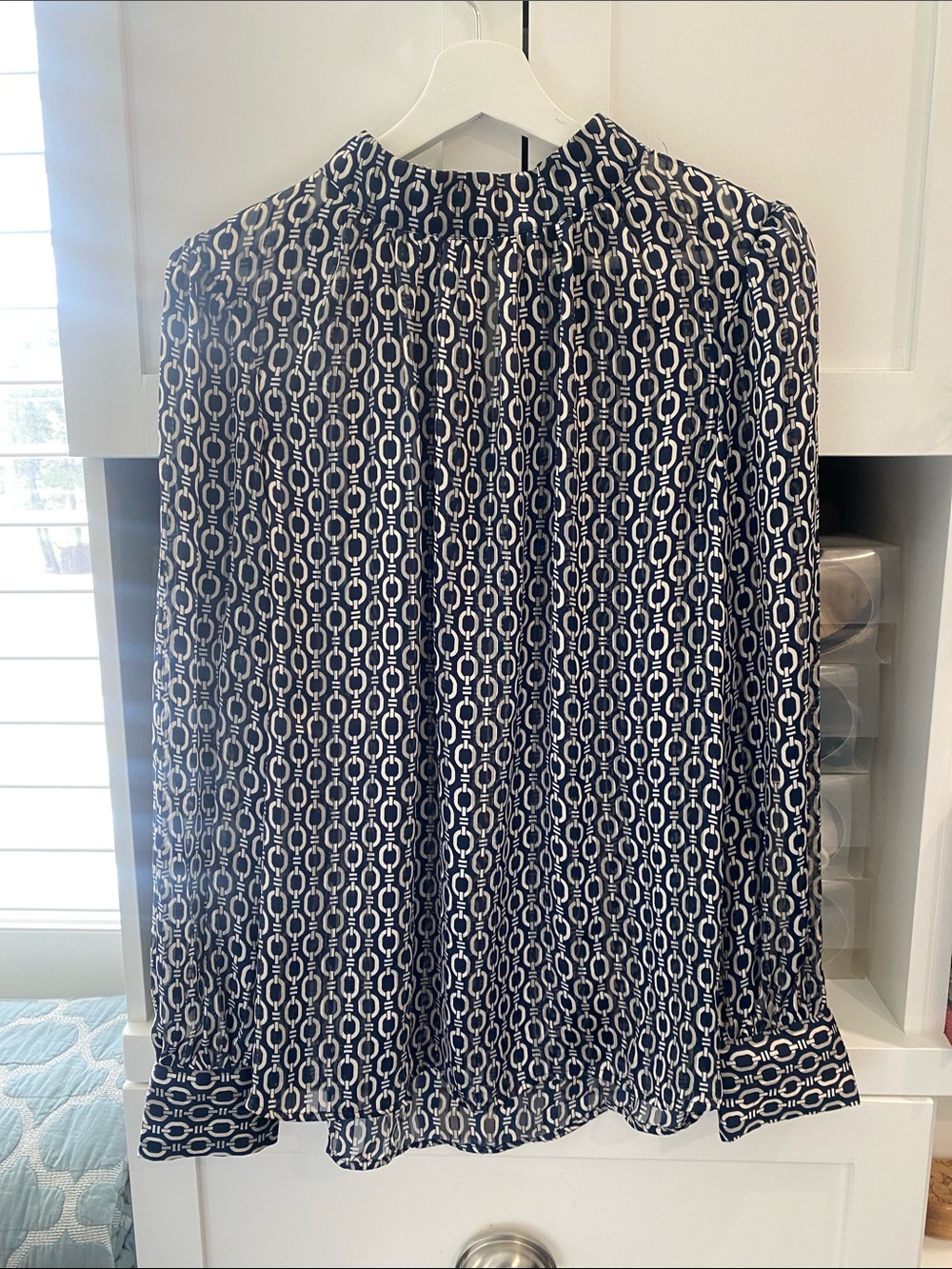 H&M Navy and White Chainlink Print Long Sleeve Blouse
